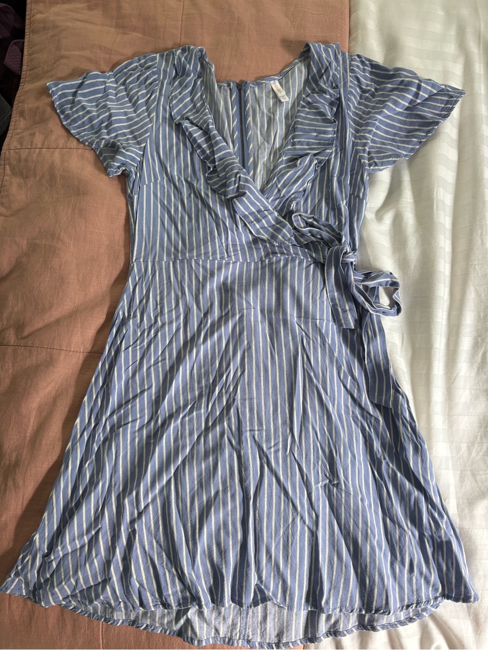 Xhileration Striped Blue Dress with Ruffle V-Neck